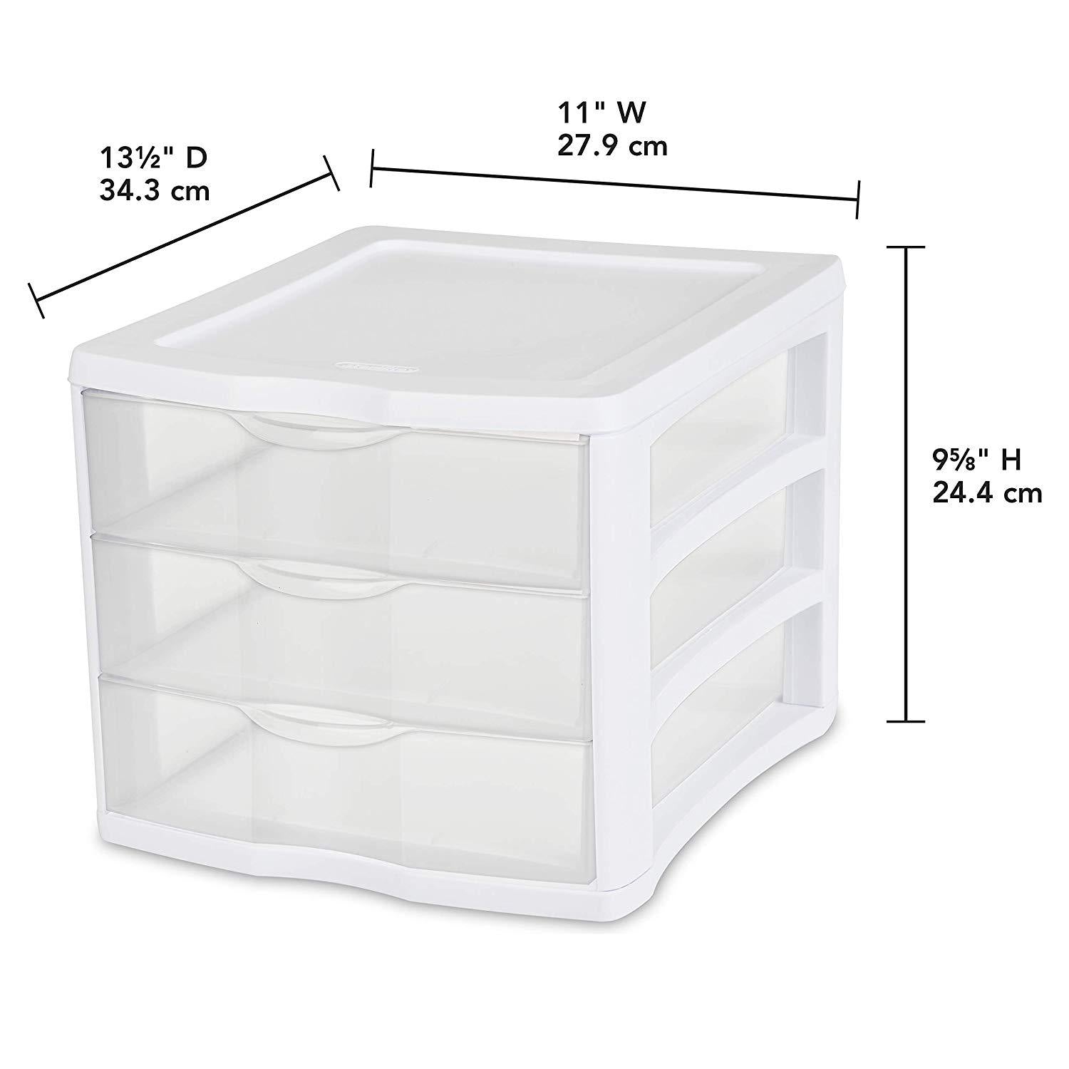 Sterilite Clear Plastic Stackable Small 3 Drawer Storage System, White, (6 Pack)